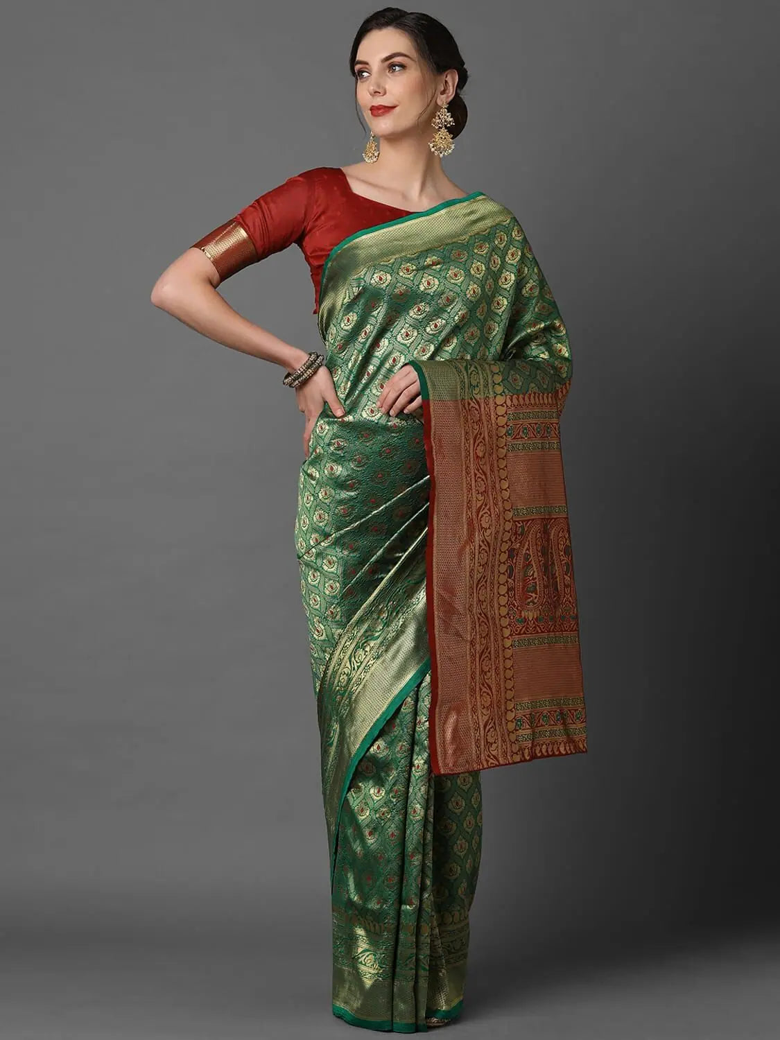 Sareemall Green & Red Wedding Silk Blend Woven Top Design Saree With Unstitched Blouse Satin Bow Blouse Sareemall Green & Red Wedding Silk Blend Woven Top Design Saree With Unstitched Blouse Satin Bow Blouse