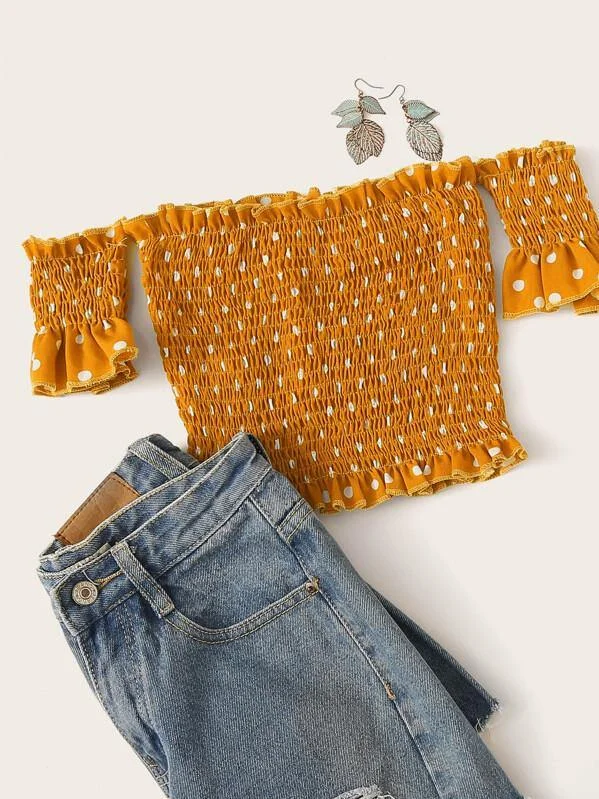 Polka Dot Shirred Off The Shoulder Blouse Lightweight Tunic Blouse