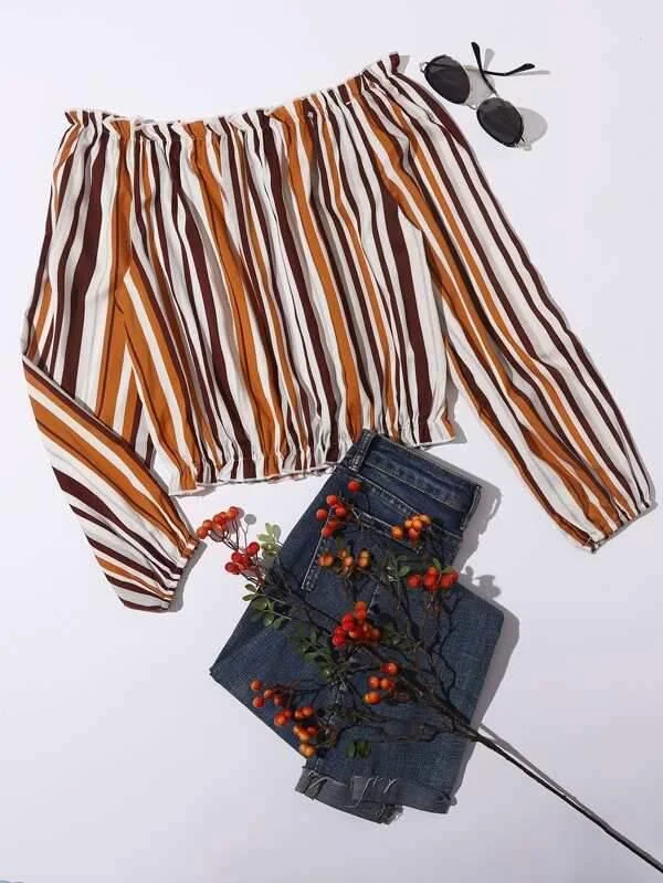 Vertical Striped Ruffle Trim Blouse Floral Print Blouse