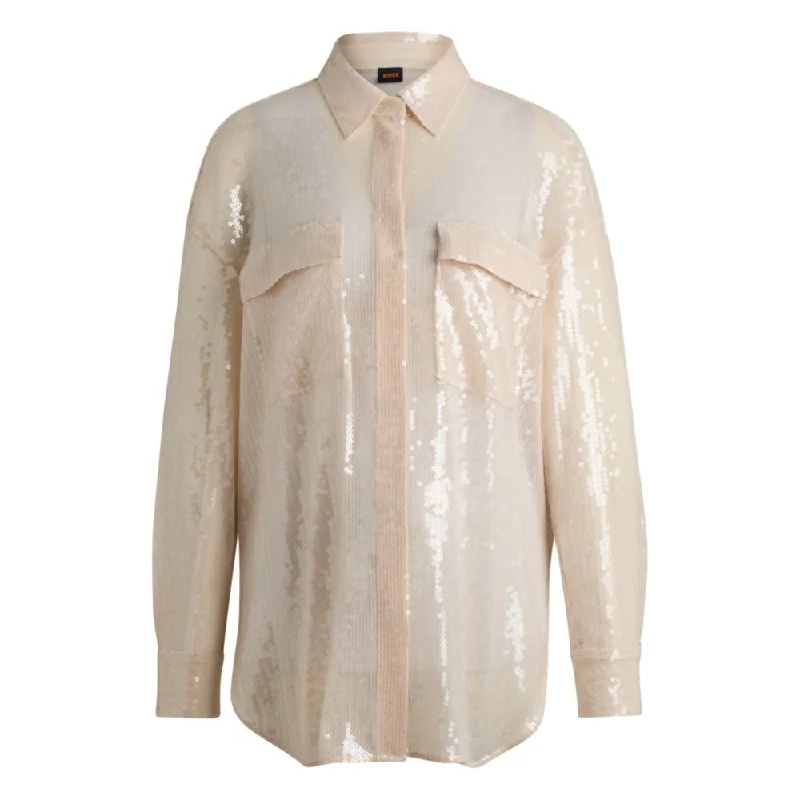 Relaxed-fit blouse with sequins and point collar Casual Button Blouse