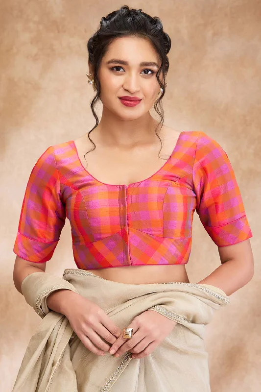 Pink Silk Woven Elbow Sleeve Blouse Embroidered Cotton Blouse