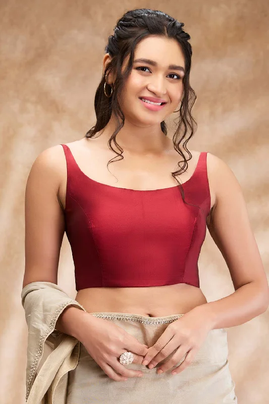 Maroon Taffeta Solid Sleeveless Blouse Sheer Sleeve Blouse