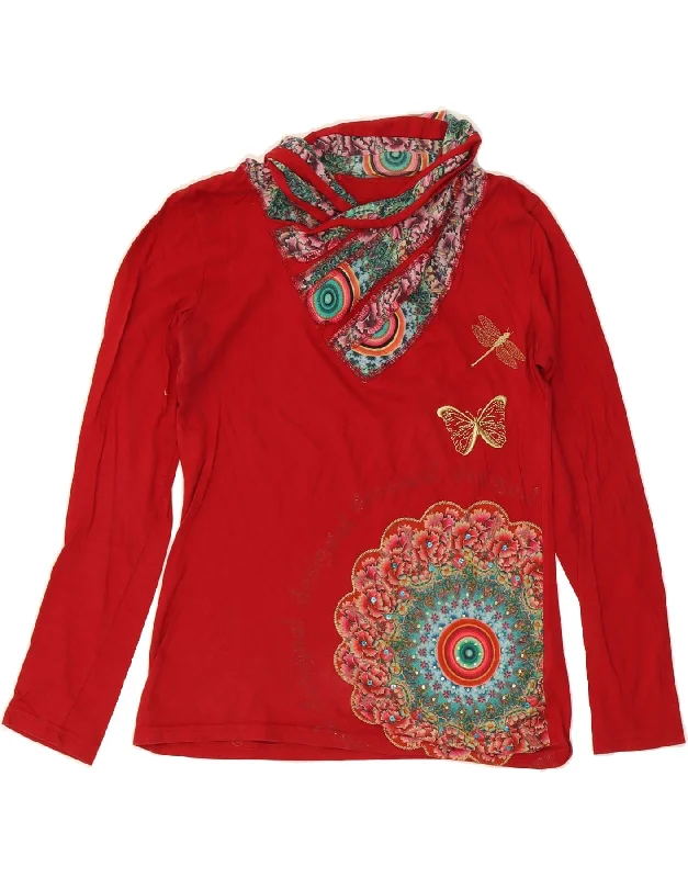 DESIGUAL Womens Graphic Long Sleeve Blouse Top UK 10 Small Red Cotton Pastel Color Blouse
