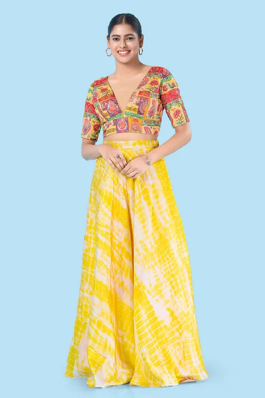 Yellow Brocade Back Open Elbow Sleeves Blouse Gathered Detail Blouse