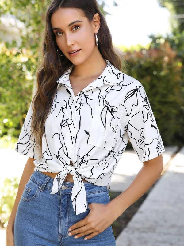 Collared Pocket Front Knot Hem Allover Print Blouse Polished Work Blouse