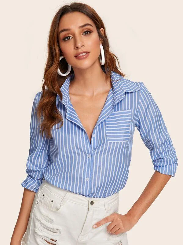 Pocket Front Striped Curved Hem Blouse Sleeveless Summer Blouse