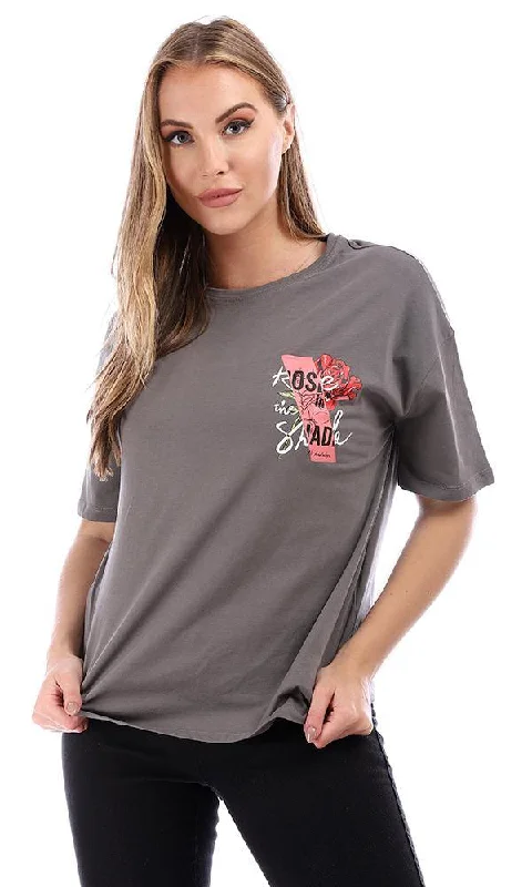 94872 Loose Printed Half Sleeves Waist-Length T-Shirt - Grey-- Collared Crew Neck Turtle Neck