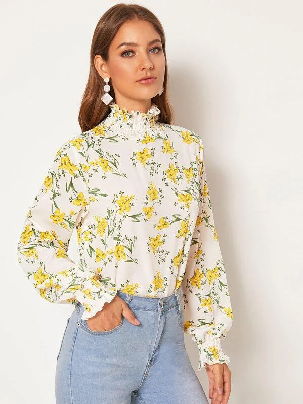 Floral Shirred Frill Neck Keyhole Back Blouse Boho Chic Blouse