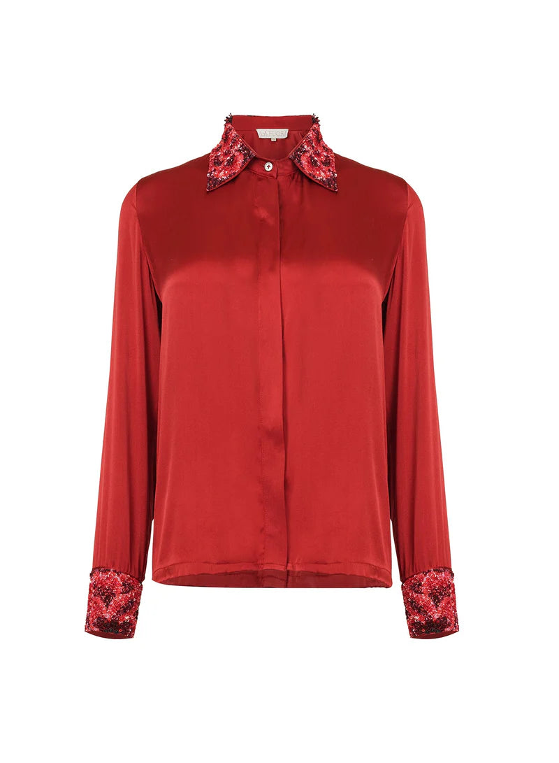 La Fuori Cranberry Rose Shirt-- Polka Dot Checkered Tartan