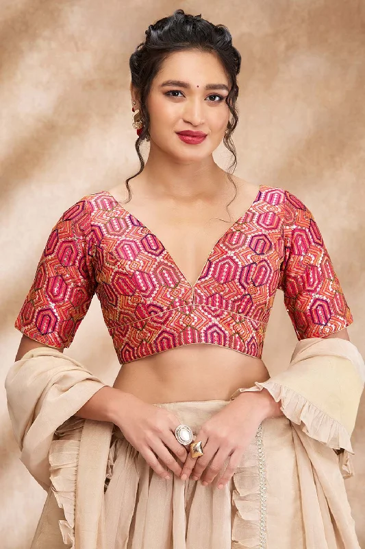 Pink Mulberry Embroidered Elbow Sleeve Blouse Embroidered Cotton Blouse