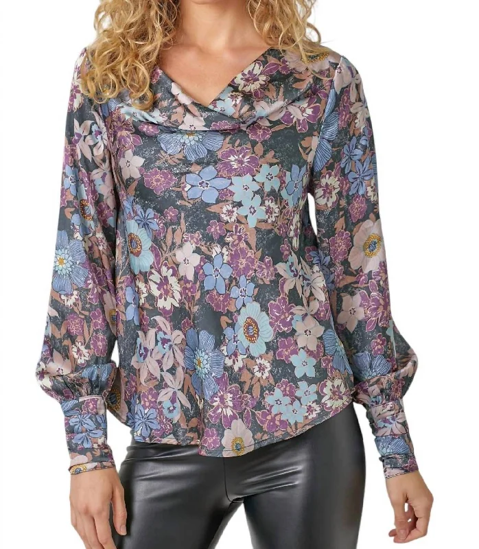 Printed Cowl Neck Blouse In Navy Cotton Casual Blouse