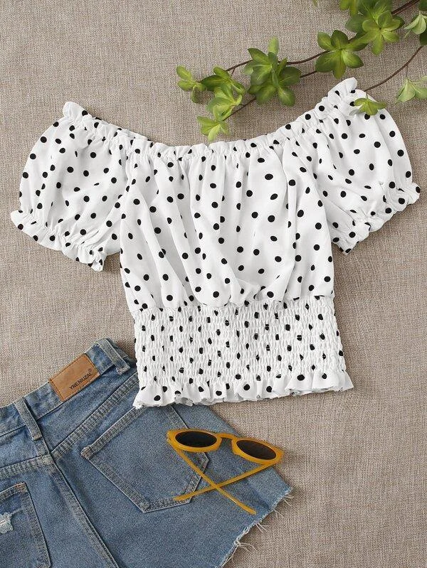 Polka Dot Shirred Milkmaid Blouse Romantic Lace Blouse