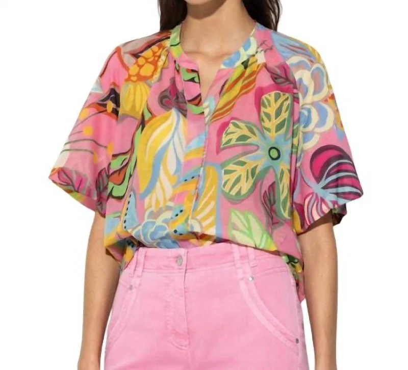 Carribean Blouse In Pink Multi Feminine Puff Blouse