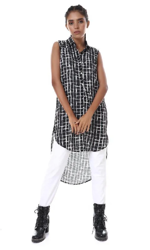 56955 Sleeveless Hi-Low Plaids Black Long Shirt-- Zippered Buttoned Snapped