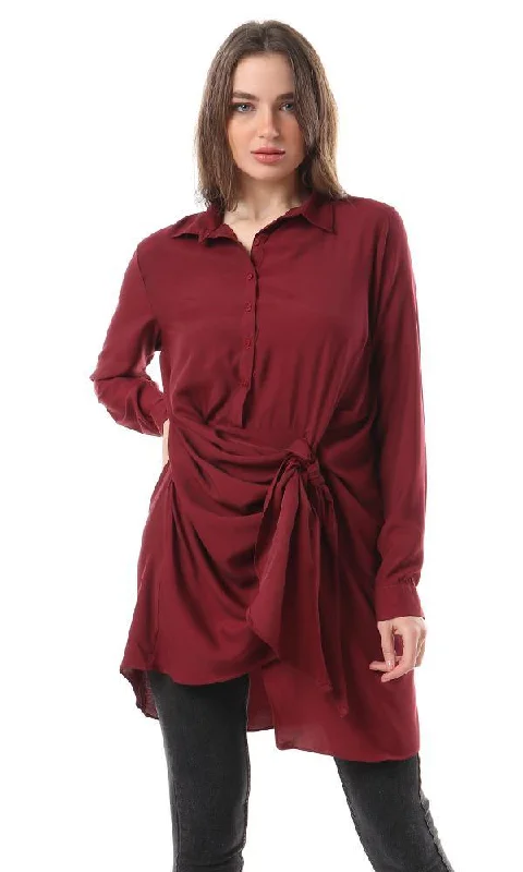 57110 Front Open Long Buttoned Shirt - Burgundy-- Hooded Caped Shawl Collar