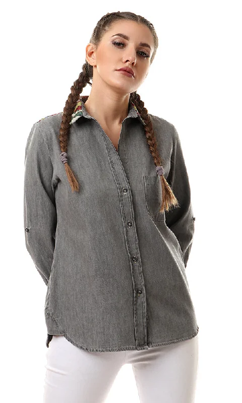39786 Stitched Geometric Back Grey Denim Shirt-- Chenille Blend Fleece Blend Nylon Blend