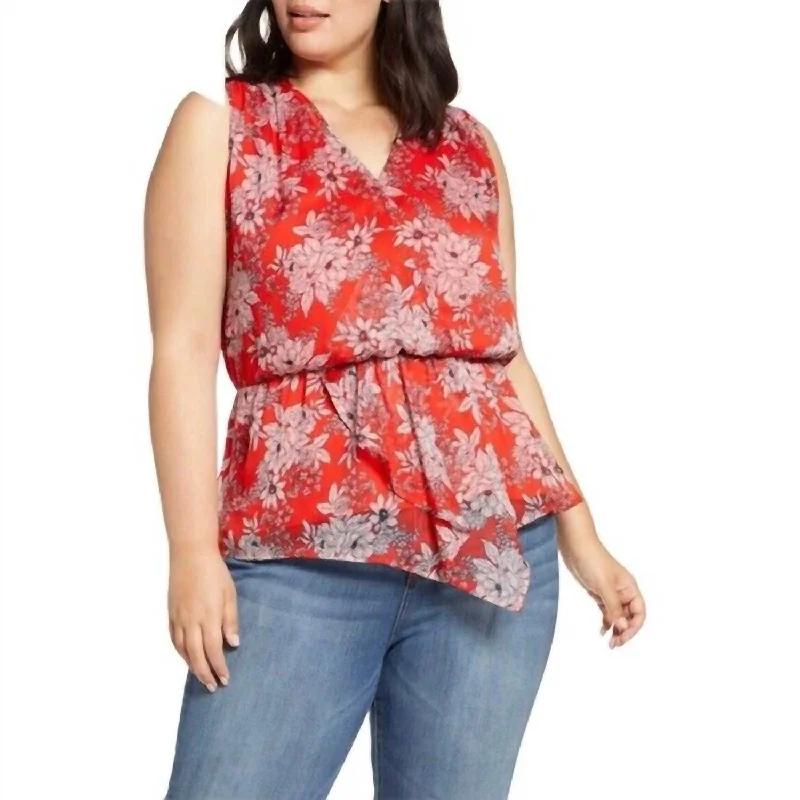 Floral Print V-Neck Asymmetrical Chiffon Blouse In Red Relaxed Fit Blouse