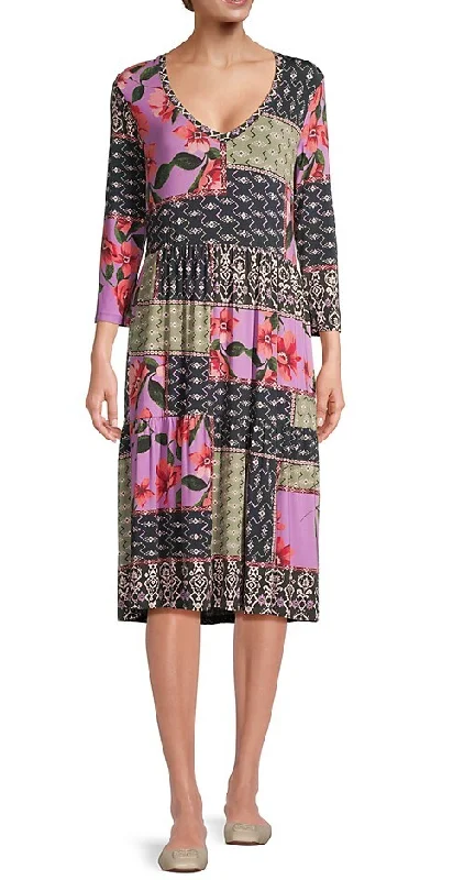 Johnny Was Women's Zanda 3/4 Sleeve Tiered Tea Length Dress Multi T-Shirt-- Zippered Buttoned Snapped Johnny Was Women's Zanda 3/4 Sleeve Tiered Tea Length Dress Multi T-Shirt-- Zippered Buttoned Snapped