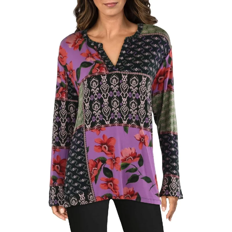 Plus Womens Floral Print Patchwork Blouse Smart Business Blouse