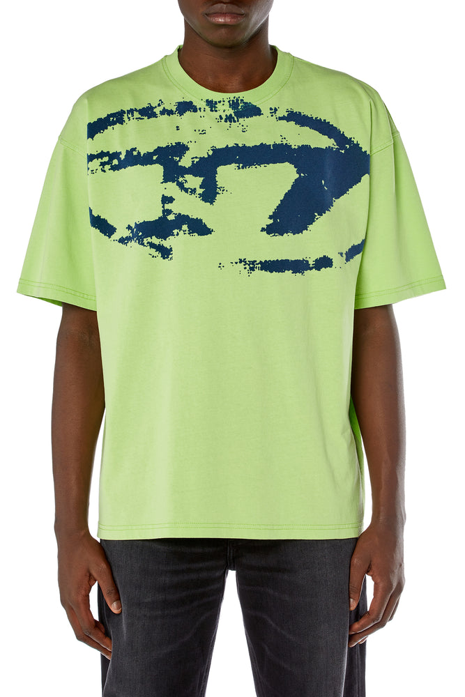 T-shirt with distressed flocked logo-- Satin Fabric Silk Fabric Chiffon Fabric