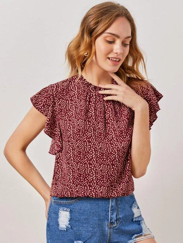 Dalmatian Print Butterfly Sleeve Blouse Gathered Detail Blouse