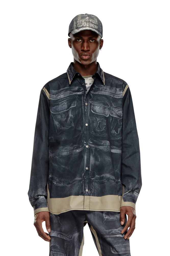 Twill shirt with trompe l'oeil print-- Print Jacquard Patchwork