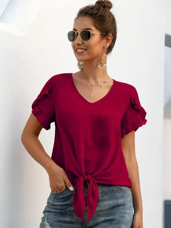 Frill Trim Knot Hem Solid Blouse Chic Off-Shoulder Blouse