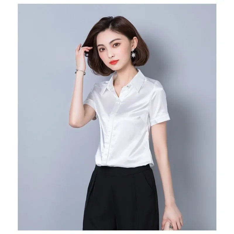 Simulation Silk Shirt Women's Short Sleeve New Wild Elastic Solid Color Thin Top-- Polka Dot Checkered Tartan Simulation Silk Shirt Women's Short Sleeve New Wild Elastic Solid Color Thin Top-- Polka Dot Checkered Tartan