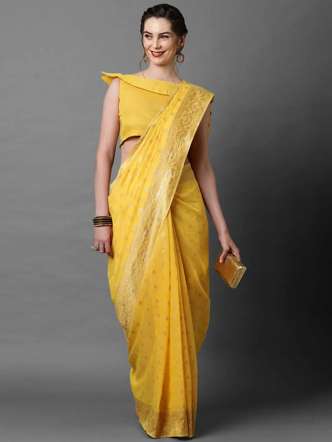 Sareemall Yellow Festive Elite Silk Blend Woven Design Saree With Unstitched Blouse Gathered Detail Blouse Sareemall Yellow Festive Elite Silk Blend Woven Design Saree With Unstitched Blouse Gathered Detail Blouse