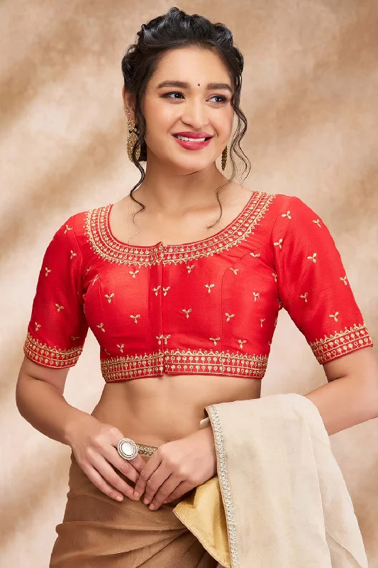 Red Silk Embroidered Elbow Sleeve Blouse Casual Relaxed Blouse
