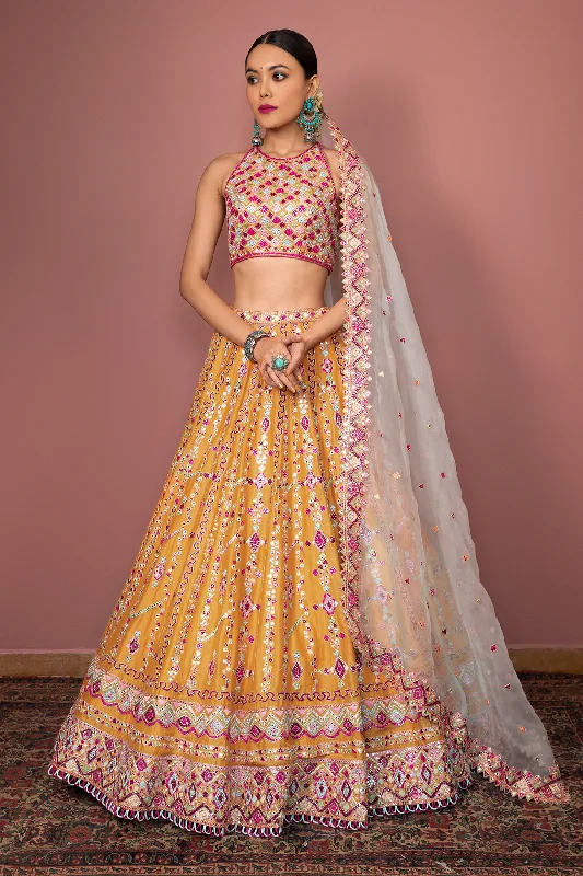 Tangerine Lehenga Set With Halter Blouse Slim Fit Blouse