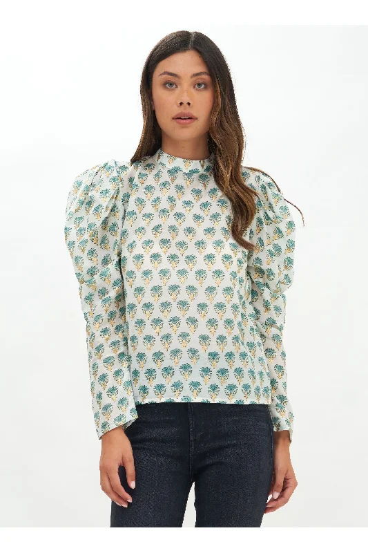 Mock Neck Blue/Gold Paisley Blouse Textured Cotton Blouse