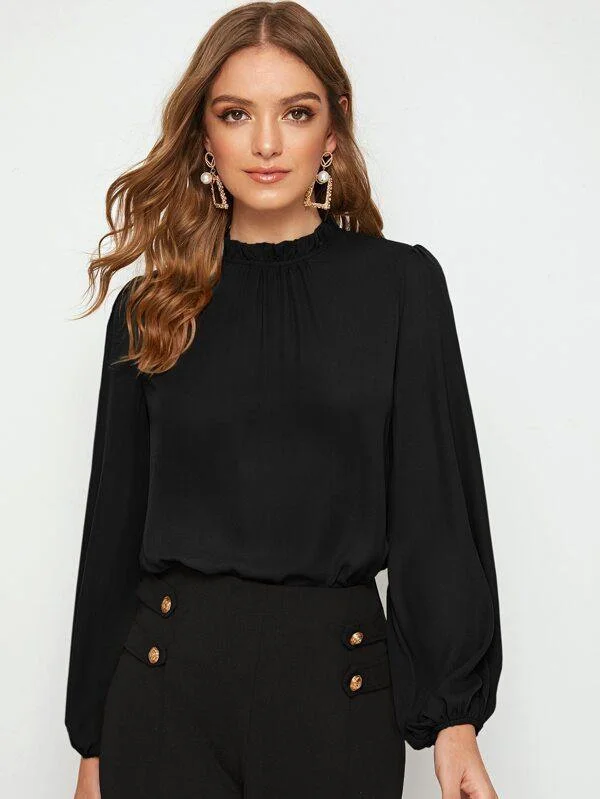 Frilled Neck Bishop Sleeve Blouse Feminine Satin Blouse