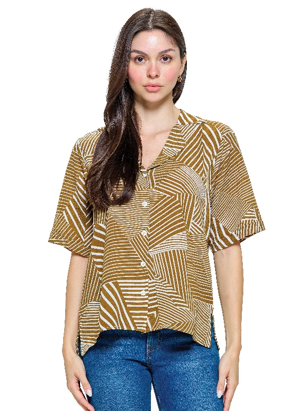Button up Blouse Striped Puff Sleeve Blouse