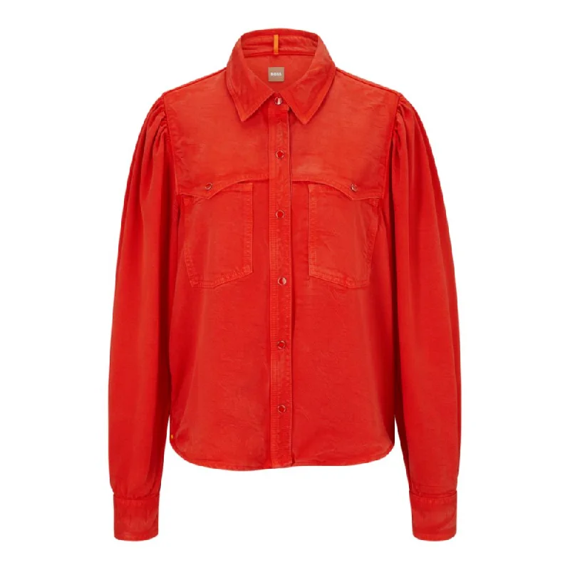 Regular-fit blouse with popper closures and point collar Satin Long Blouse