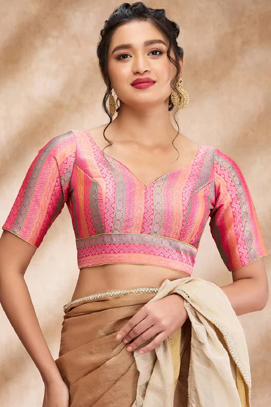 Pink Brocade Woven Elbow Sleeve Blouse Feminine Ruffle Blouse