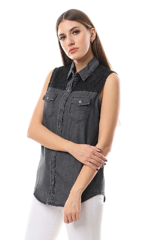 57102 Upper Lace Sleeveless Buttoned Black Denim Shirt-- Houndstooth Herringbone Solid 57102 Upper Lace Sleeveless Buttoned Black Denim Shirt-- Houndstooth Herringbone Solid
