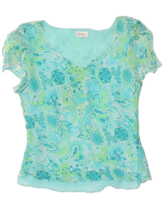 LIBRA Womens Blouse Top UK 16 Large  Turquoise Floral Silk Semi-Sheer Blouse