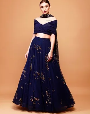 Navy Blue Lehenga With Wrap Blouse Feminine Tie Blouse