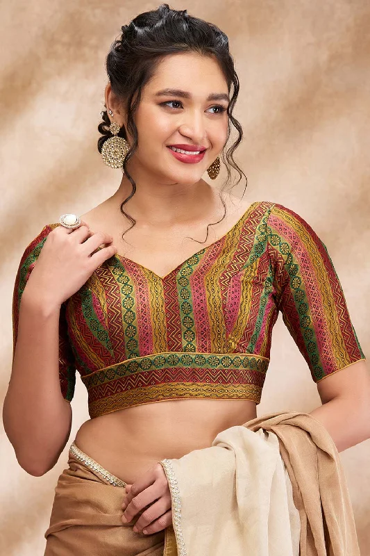 Multi Brocade Woven Elbow Sleeve Blouse Off-Shoulder Wrap Blouse