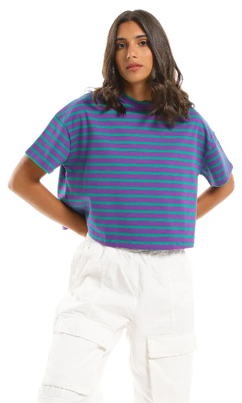 97653 Purple & Green Striped Short Sleeves Crew Neck T-Shirt-- Beaded Sequined Faux Fur 97653 Purple & Green Striped Short Sleeves Crew Neck T-Shirt-- Beaded Sequined Faux Fur