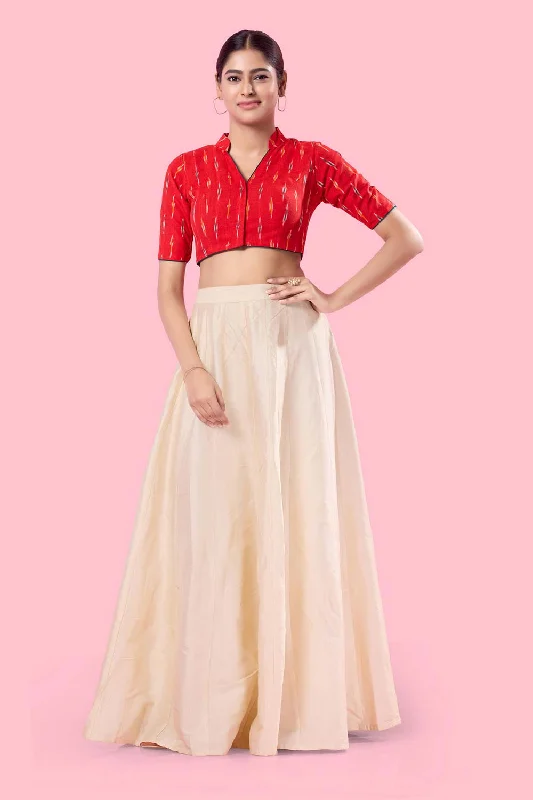 Red Cotton Front Open Elbow Sleeves Blouse Smart Business Blouse