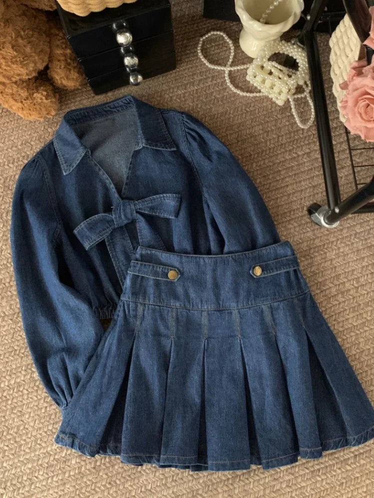 Vintage Suits Retro Denim 2 Piece Set Female French Slim Bow Design Long Sleeve Blouse + Casual Y2k Jean Skirt Korean Style 2024 Lightweight Linen Blouse