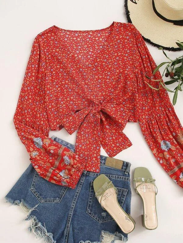 Ditsy Floral Print V-neck Knot Hem Blouse Chic Wrap Blouse