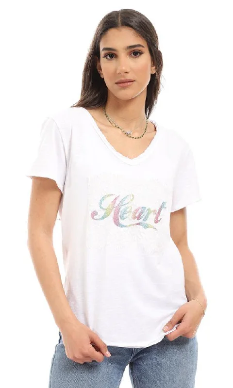 57599 Fashionable Front Lace & Printed T-Shirt - White-- Mesh Canvas Denim