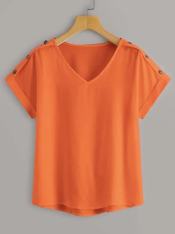 Solid Button Detail V-neck Blouse Bell Sleeve Blouse