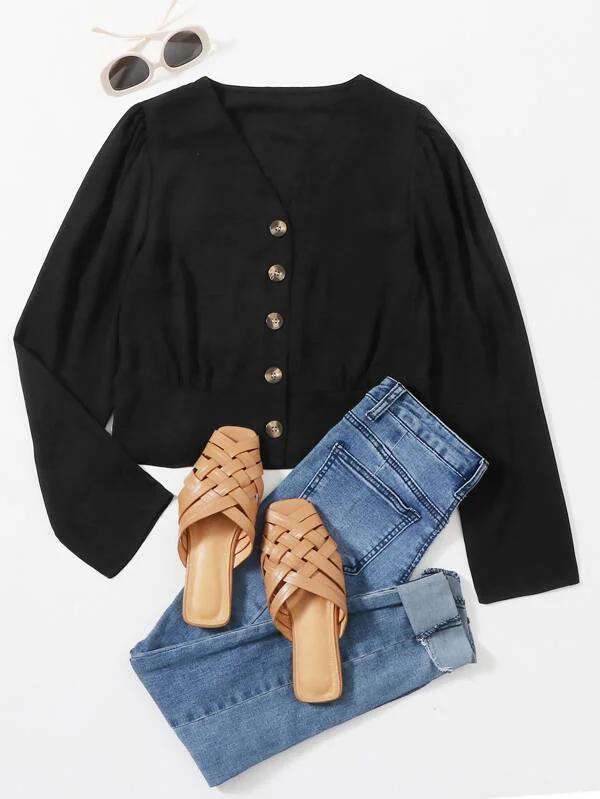 Button Front V-neck Solid Blouse Casual Relaxed Blouse