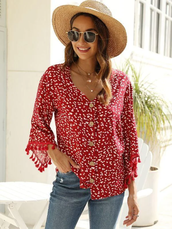Ditsy Floral Tassel Button Up Blouse Off-Shoulder Wrap Blouse