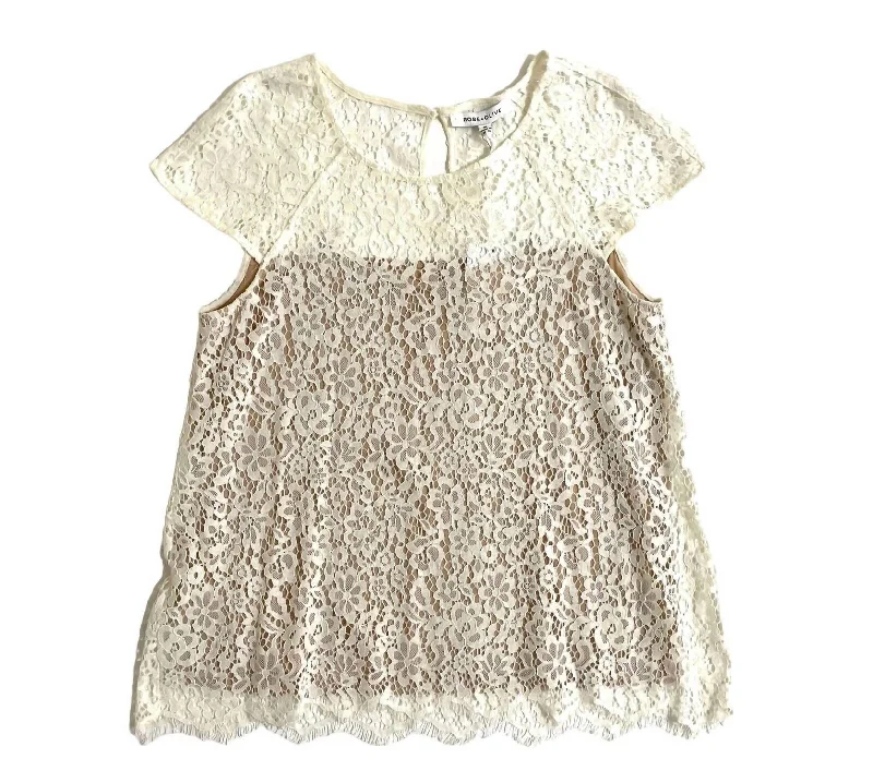 Women's Lace Cap Sleeve Overlay Blouse In Ivory Backless Summer Blouse