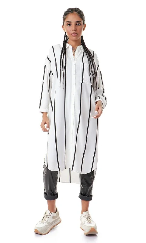 93143 Vertical Striped Full Buttoned White Long Shirt-- Solid Color Striped Floral